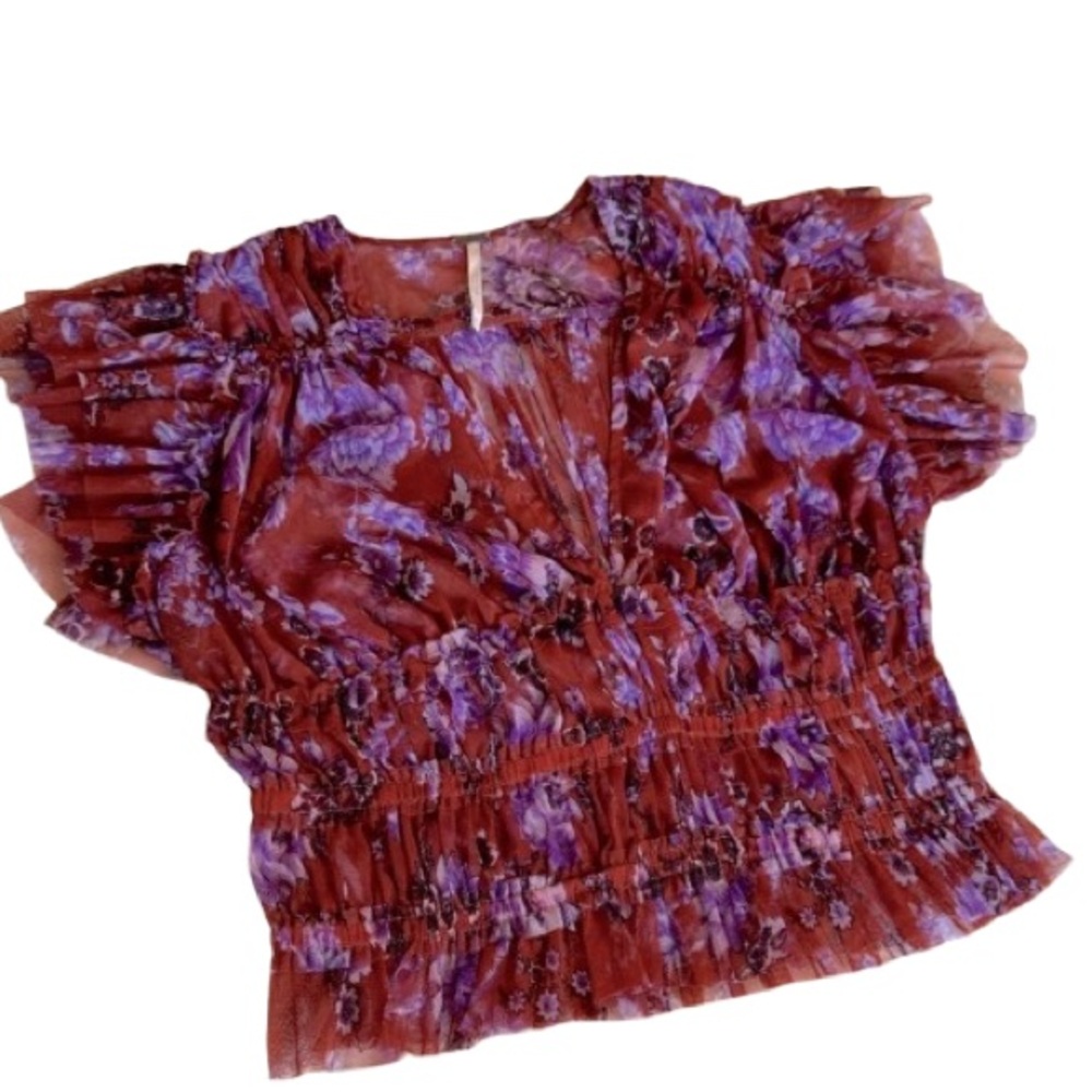 CLEARANCE - Free People Mesh Ruched Red & Purple Floral Blouse S | Boho Chic